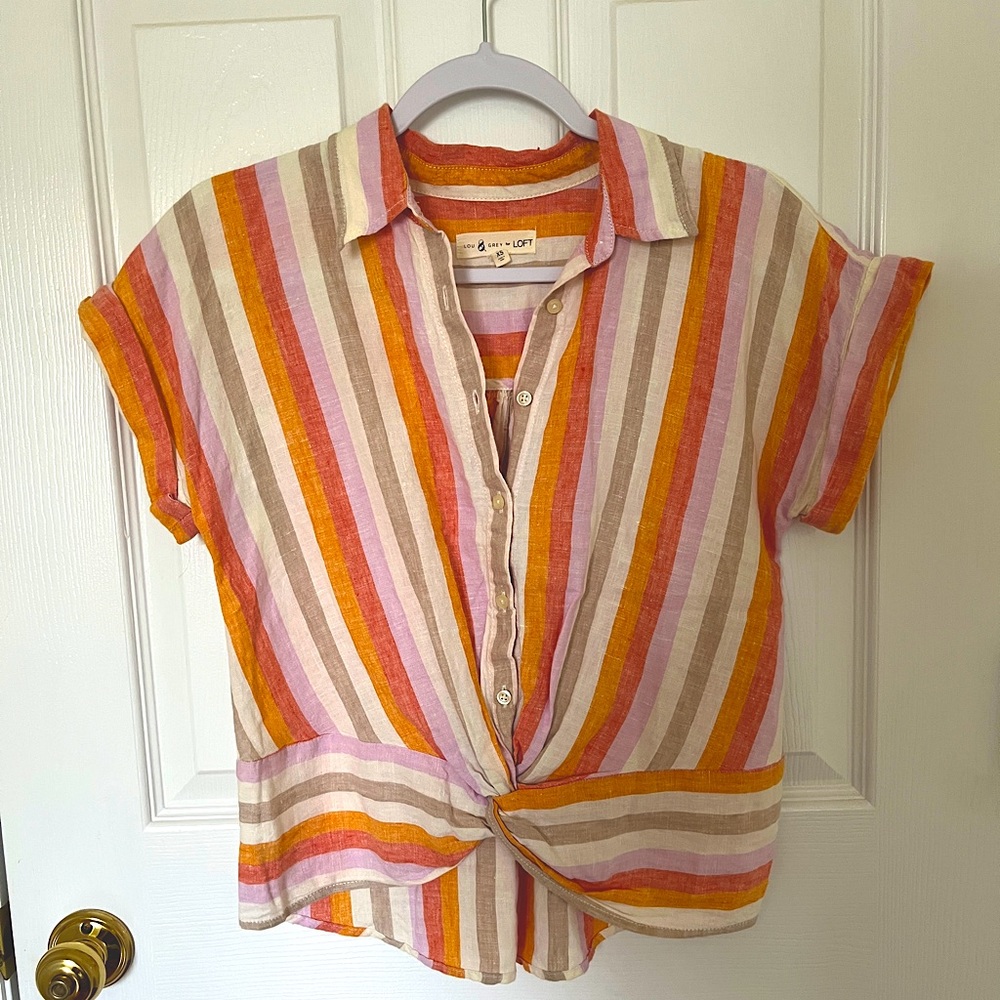 Loft XS Striped Linen Cropped Button Down Short Sleeved Shirt